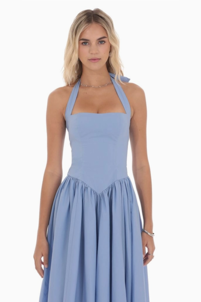 Heaven Sent Halter Midi Dress- Light Blue