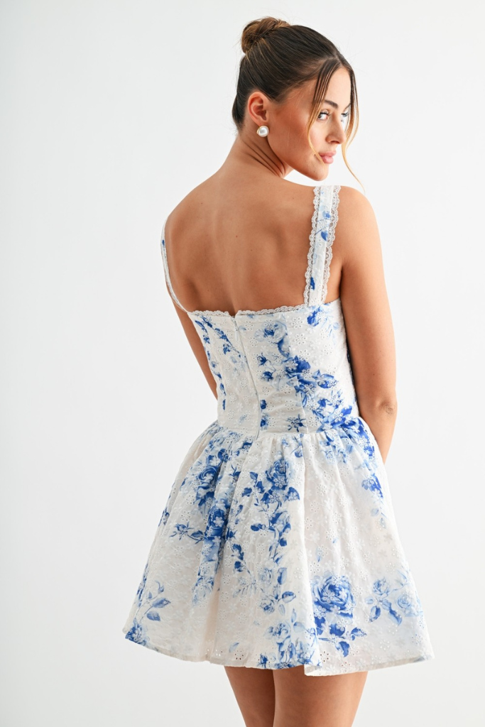 Elaine Floral Corset Dress - White/Blue