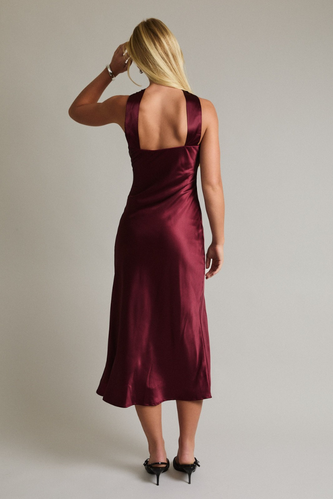 Show Off Satin Midi Dress-  Burgundy
