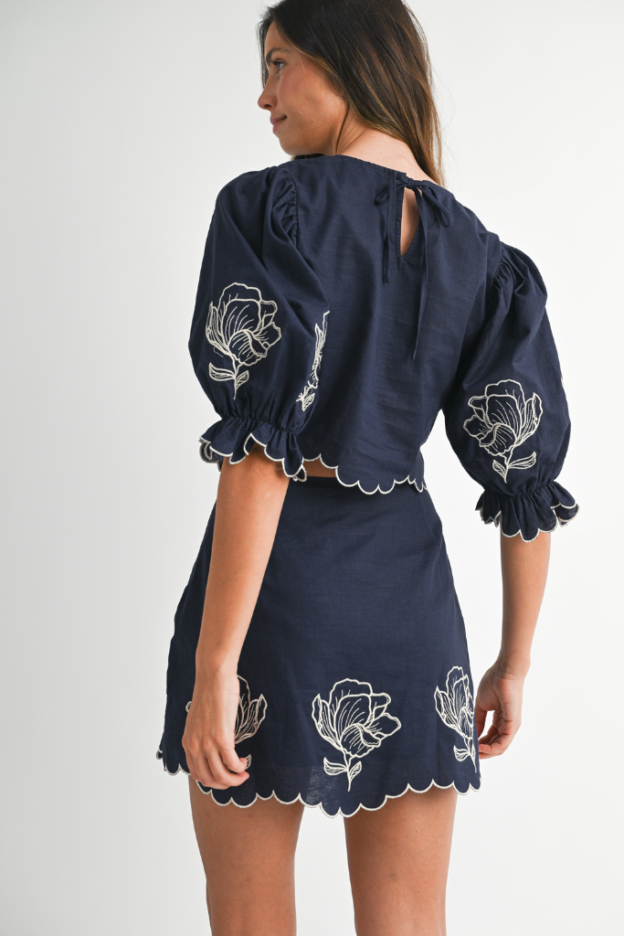Must Be Love Embroidered Skirt- Navy