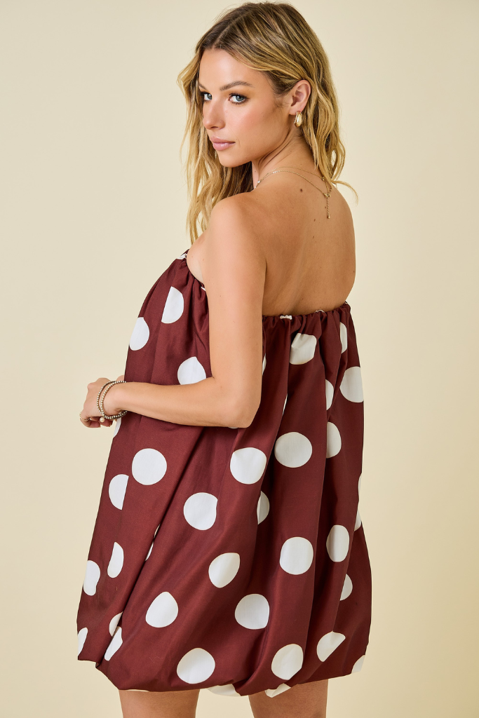 Jodie Strapless Balloon Dress - Brown Polka