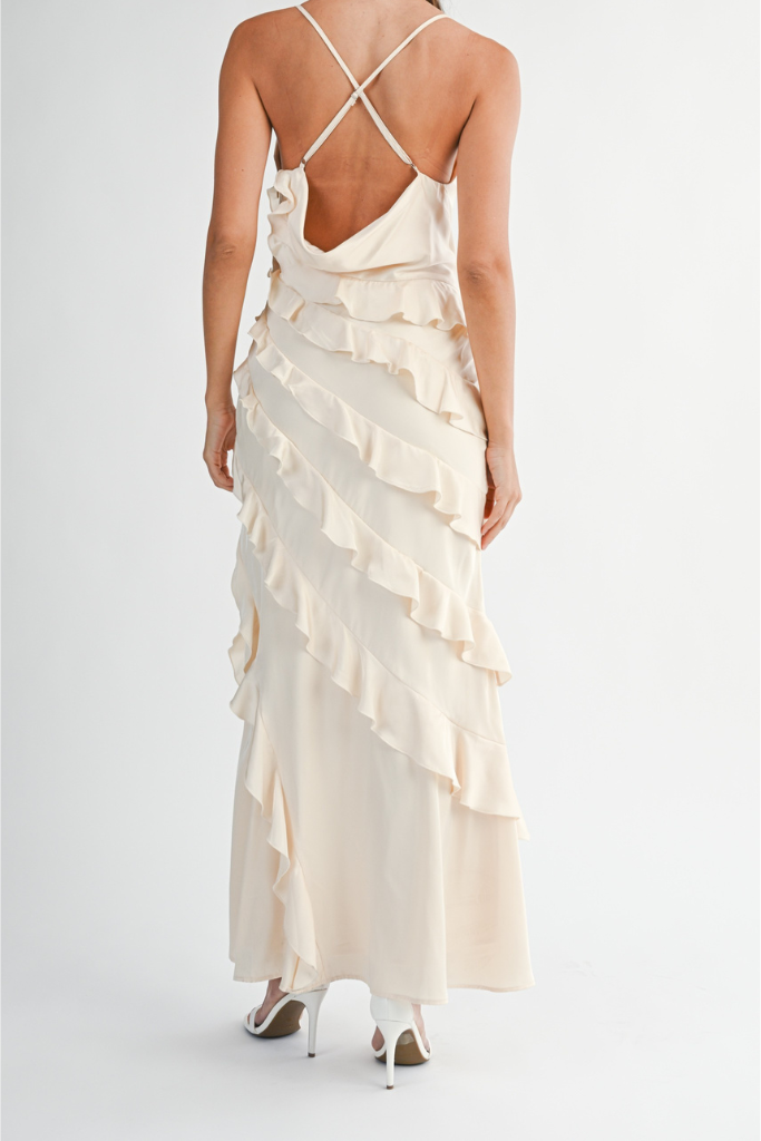 Clo Satin Ruffle Maxi Dress - Cream Cheeky Bliss Clo Satin Ruffle Maxi Dress - Cream Cheeky Bliss