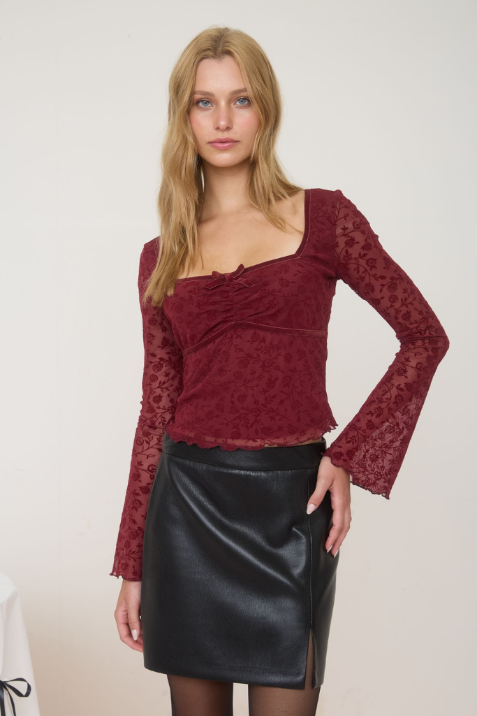 Nadia Floral Velvet Top - Burgundy