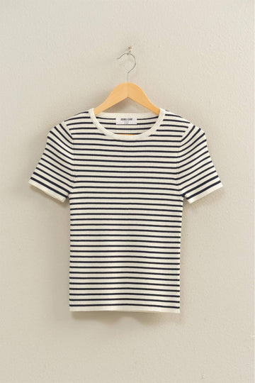 Hot Enough Striped Ribbed Knit Top - Navy