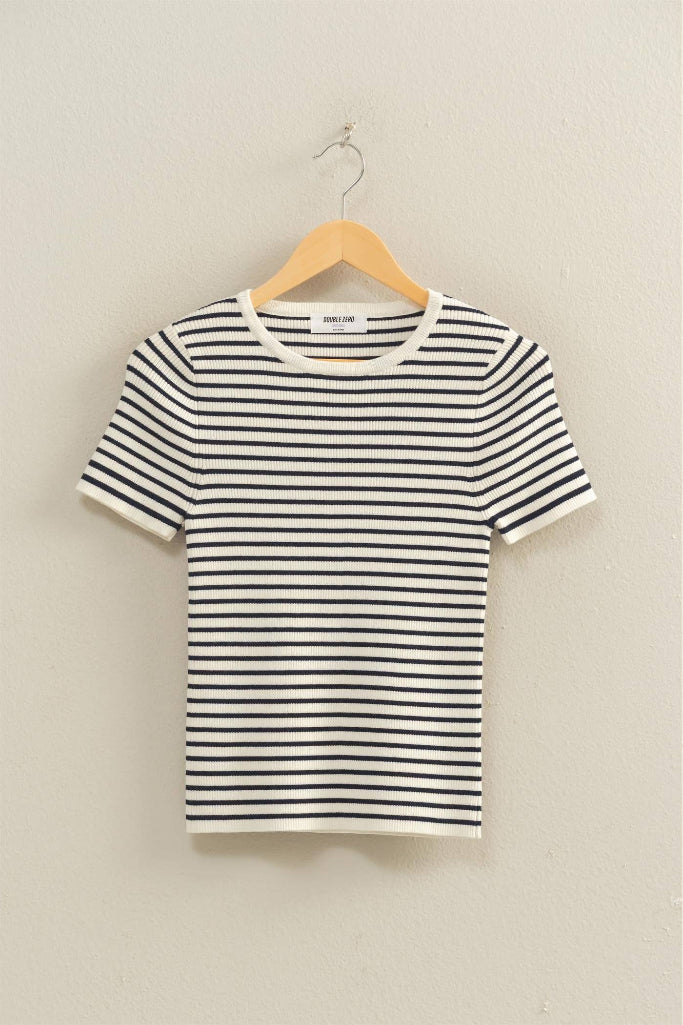 Hot Enough Striped Ribbed Knit Top - Navy