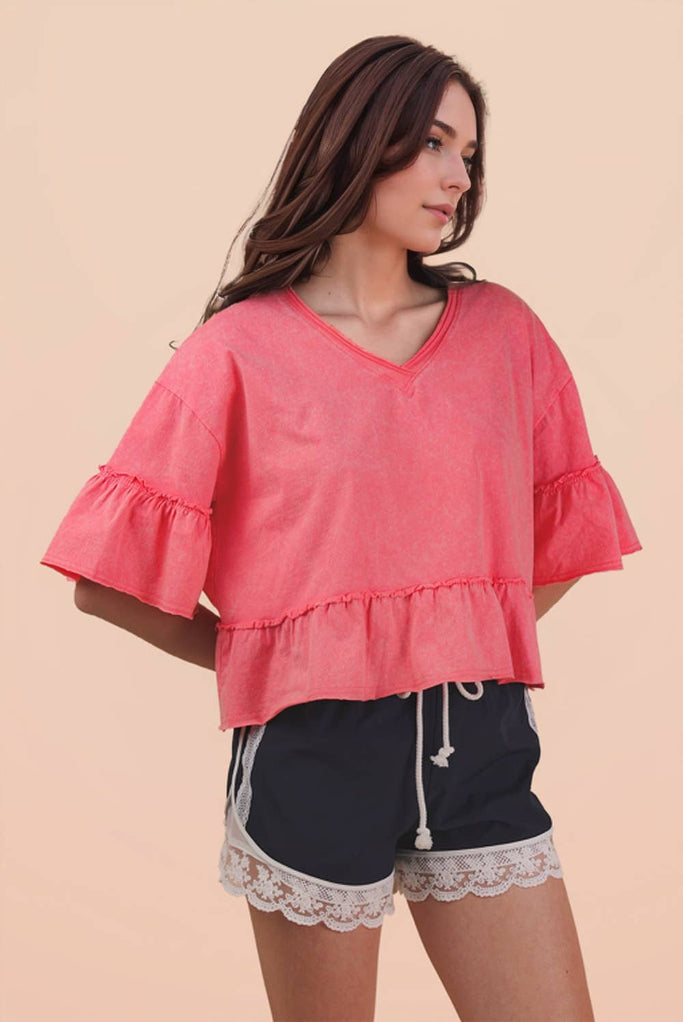 No Matter Mineral Wash Ruffle Top - Coral