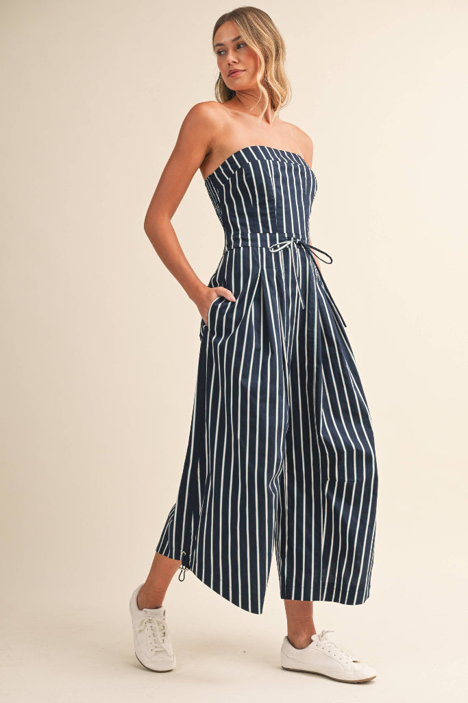 Overtime Striped Wide leg Jumpsuit - Navy