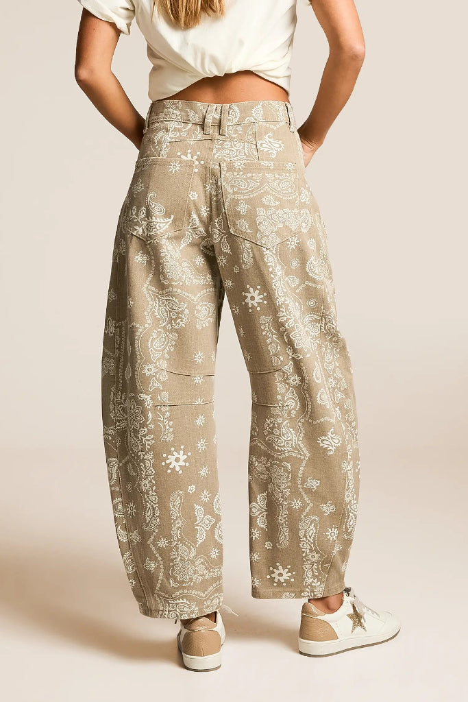 Hot Style Paisley Barrel Jeans - Tan