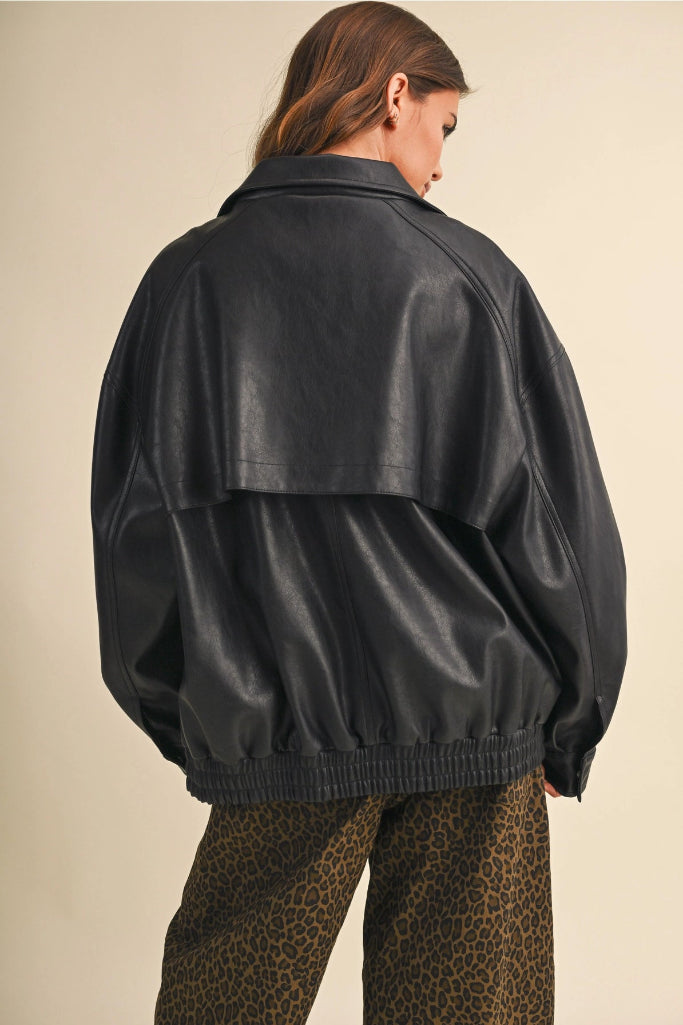 No Filter Oversized Fuax Leather Jacket - Black