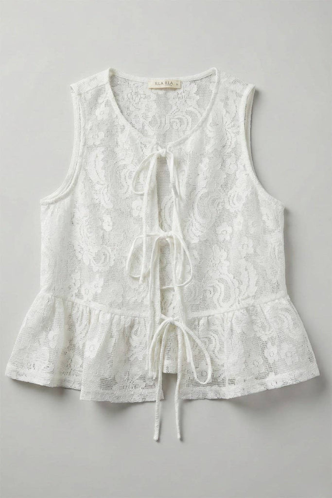 White lace sleeveless top on a gray background