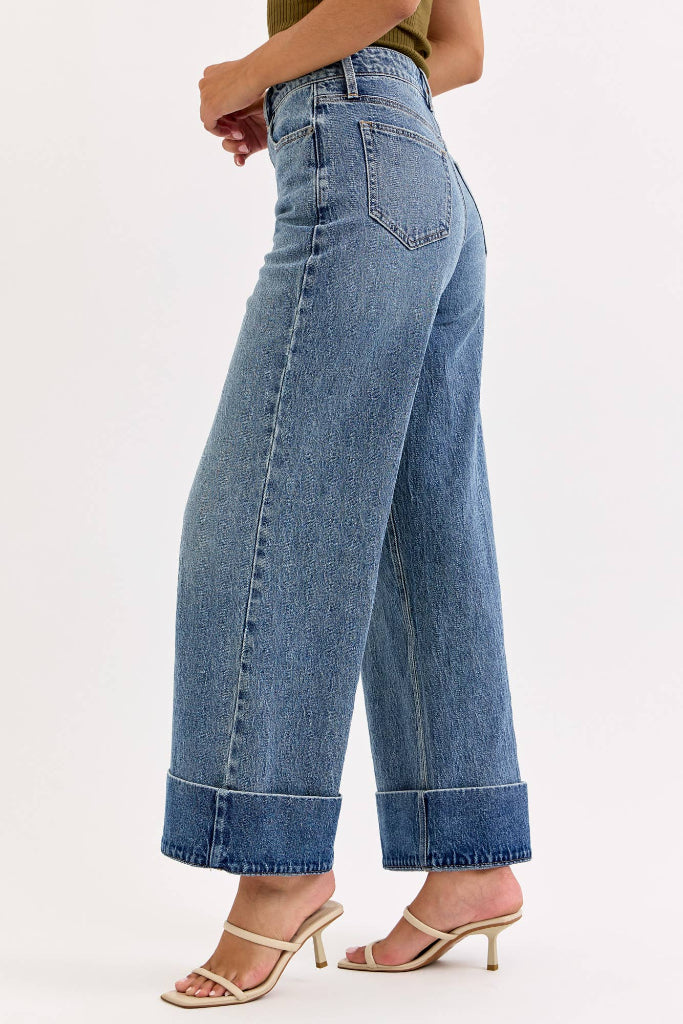 Struck Out Cuffed Wide Leg Jeans - Medium Wash