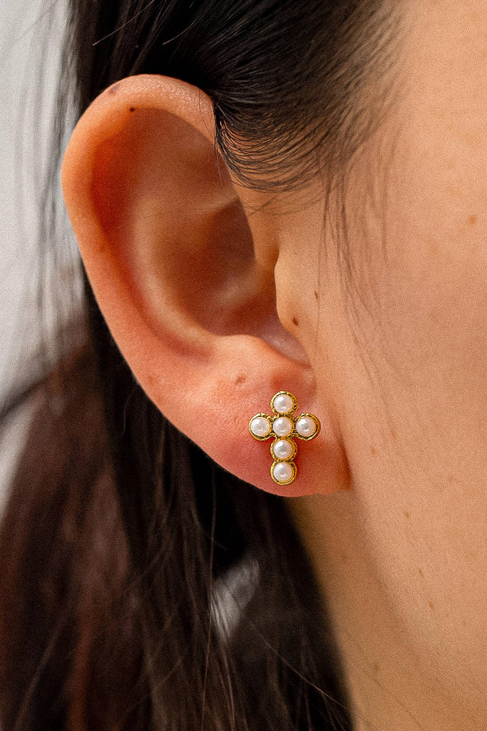 Telo Pearl Cross Stud - Gold