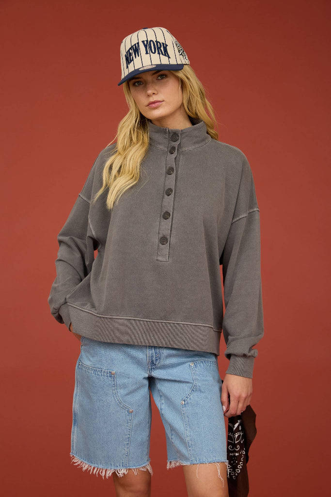 Social Season Henley Button Top - Charcoal