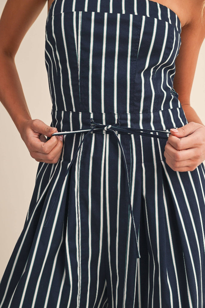 Overtime Striped Wide leg Jumpsuit - Navy