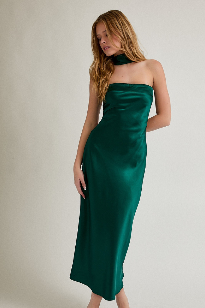 Show Off Satin Midi Dress-  Hunter Green