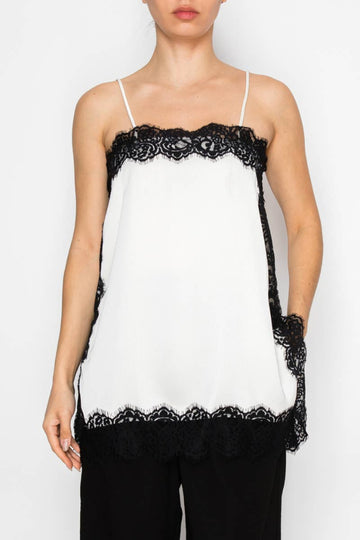 Good Trouble Lace Trim Tank - Off White/Black