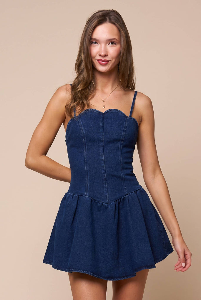 Too Rowdy Scalloped Fit & Flare Dress  - Denim