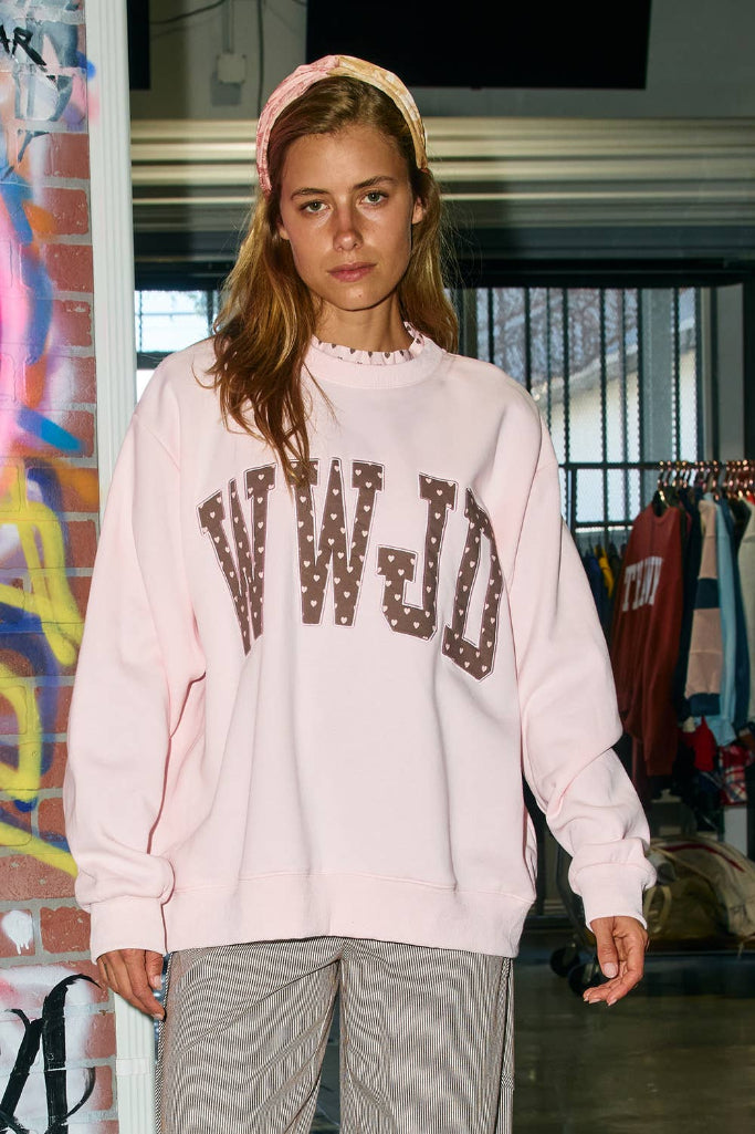 WWJD Heart Mockneck Ruffle Sweatshirt - Pink/Brown
