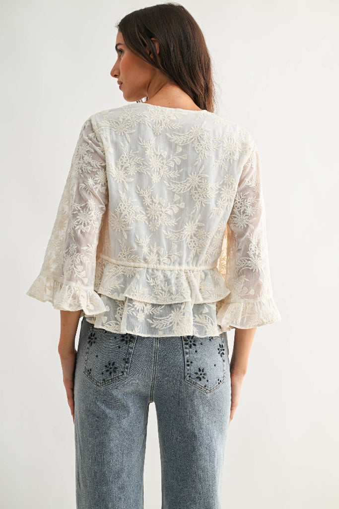 Christy Embroidered Sheer Blouse - Cream