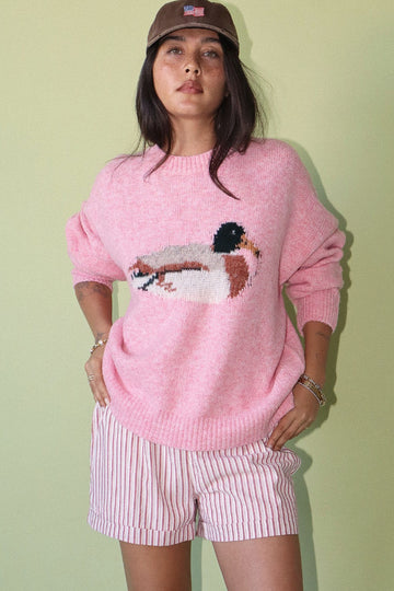 Lucky Duck Graphic Knit Sweater - Baby Pink
