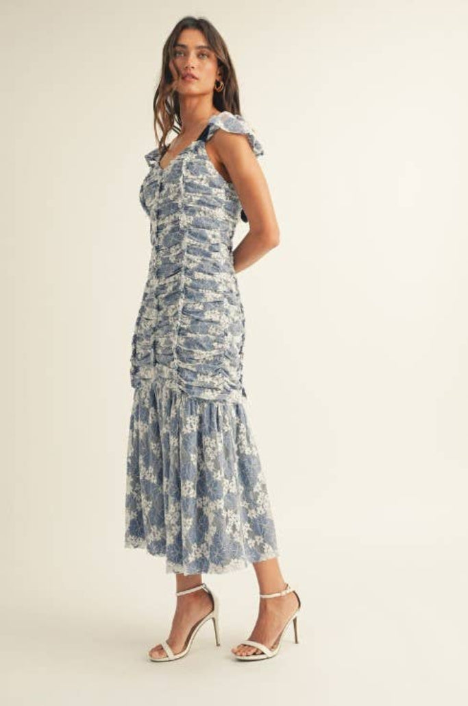 Lace Bloom Midi Dress - Blue