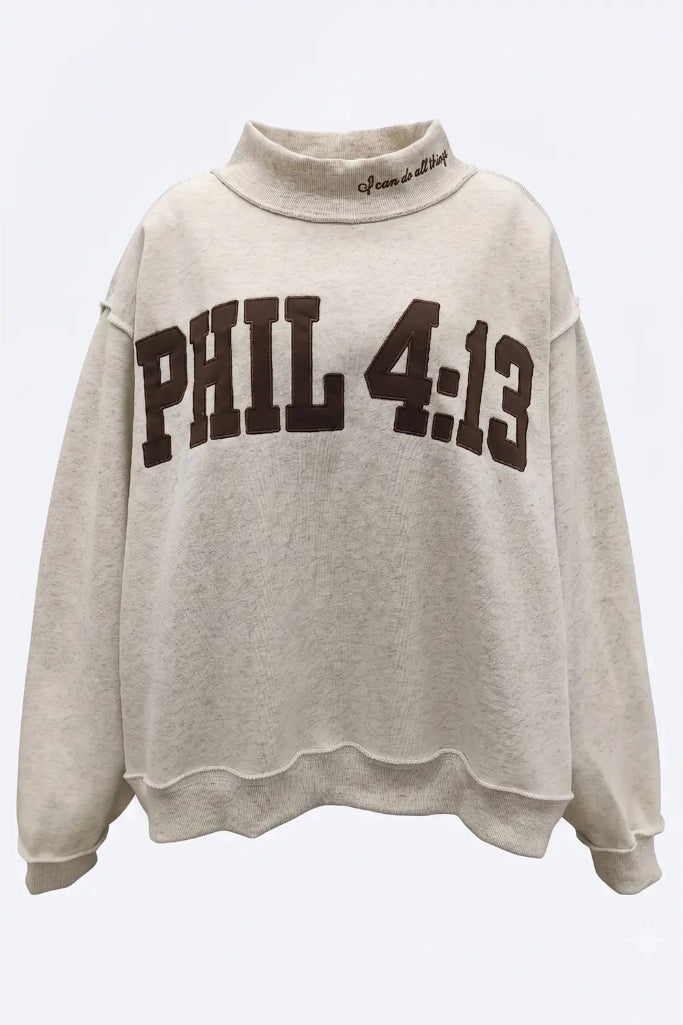 Phil 4:13 Mock Neck Sweatshirt - Ash Grey/Brown