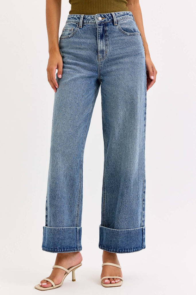 Struck Out Cuffed Wide Leg Jeans - Medium Wash