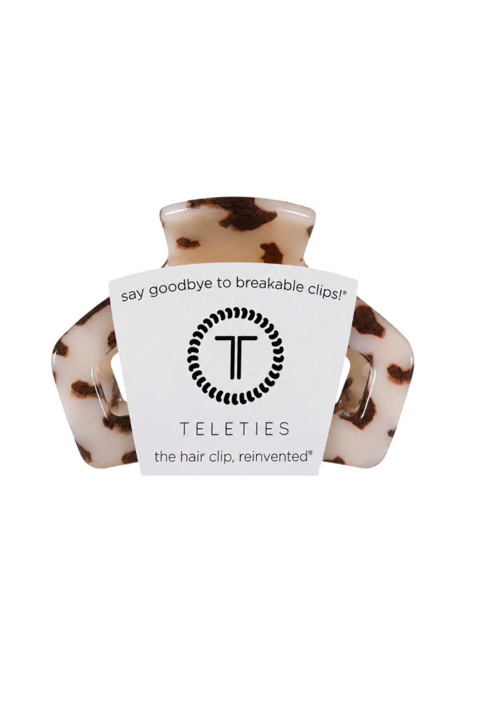 Hair clip with tortoiseshell design and Teleties branding on a white background