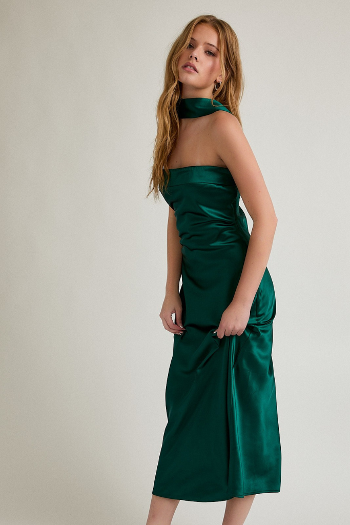 Show Off Satin Midi Dress-  Hunter Green