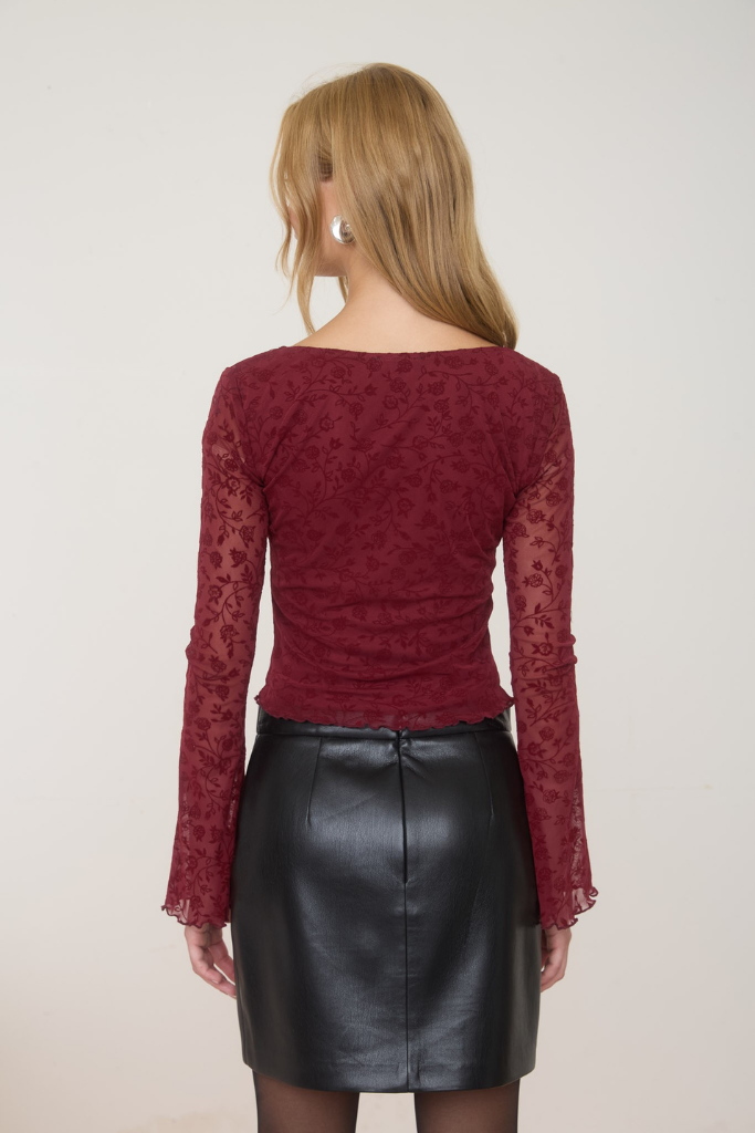 Nadia Floral Velvet Top - Burgundy