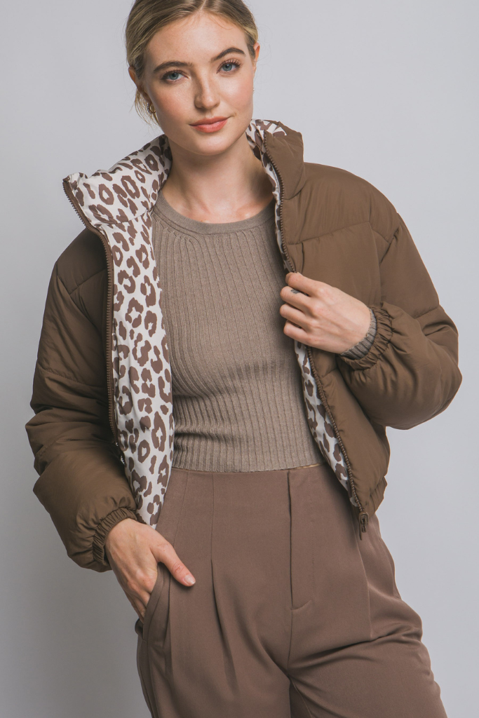 Warm Hold Reversible Jacket - Cocoa/Leopard