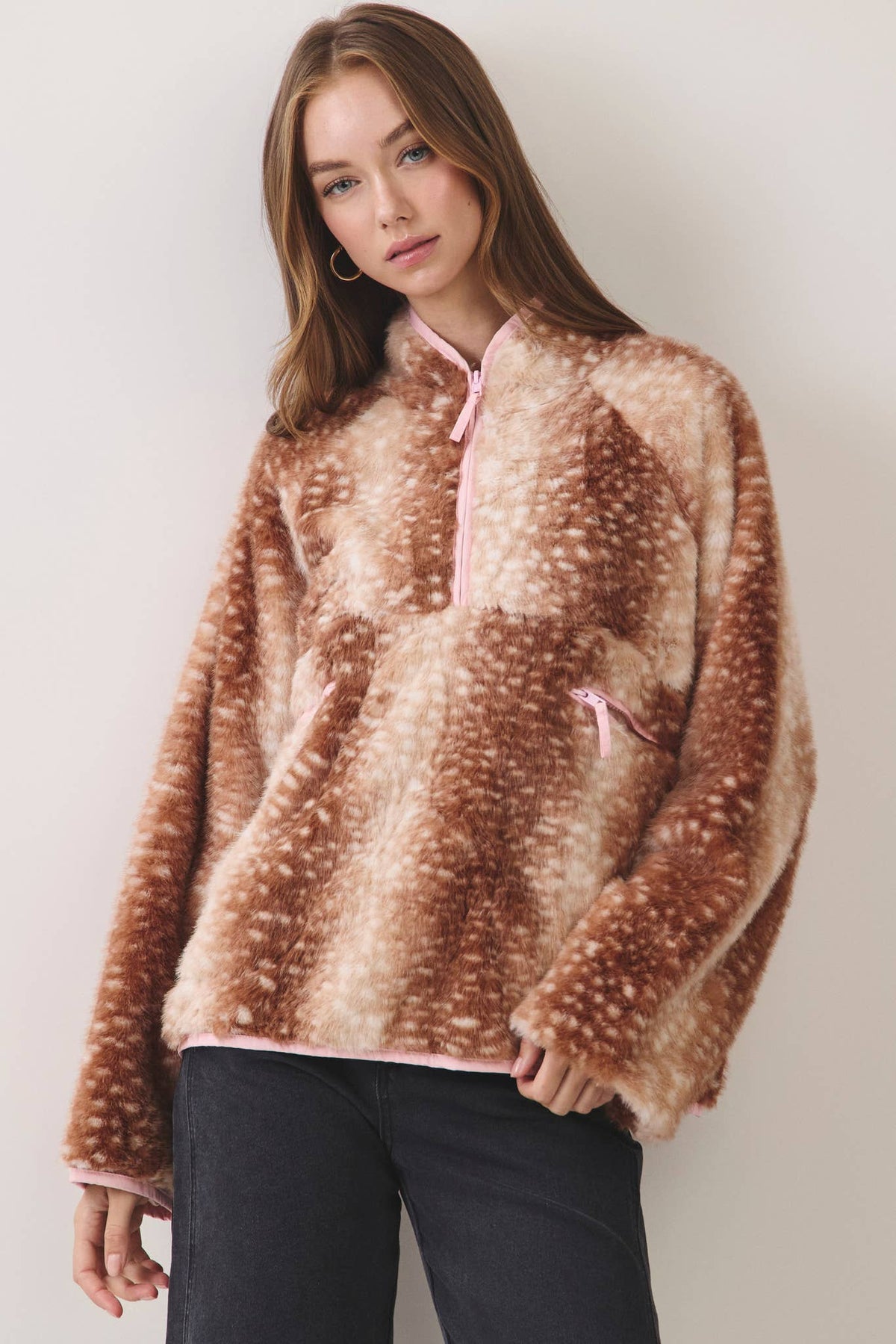 No Bounds Deer Print Half-Zip Jacket - Brown