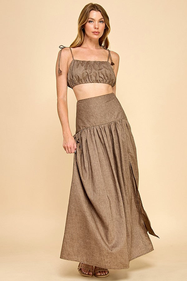 Own Light Striped Top & Maxi Skirt Set - Brown