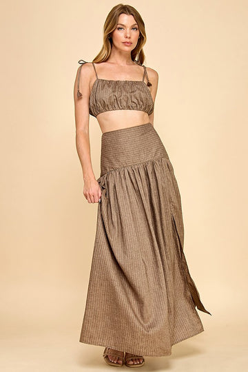 Own Light Striped Top & Maxi Skirt Set - Brown