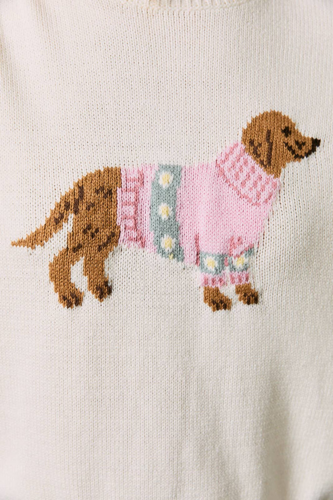 Knitted sweater with a dog wearing a pink sweater design on a white background
