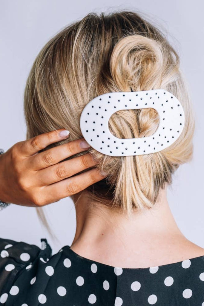 TELETIES Large Flat Round Hair Clip - White Polka Dot