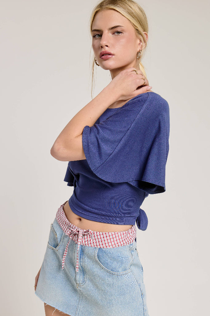 Back Again Batwing Tie Back Top - Blue
