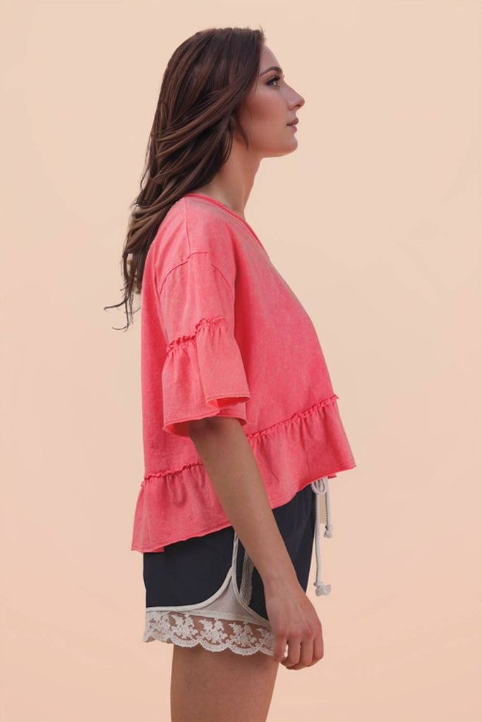No Matter Mineral Wash Ruffle Top - Coral