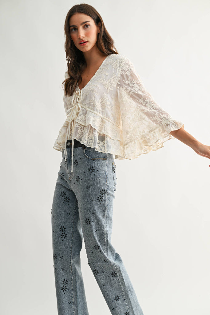 Christy Embroidered Sheer Blouse - Cream