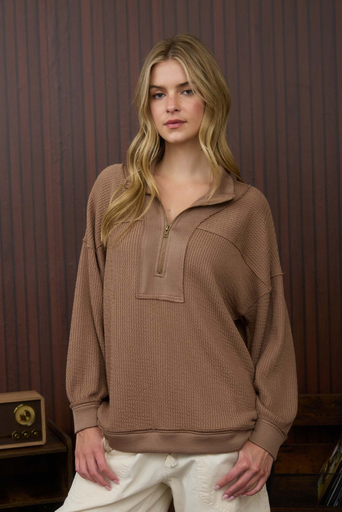 Levi Half Zip Waffle Knit Top - Mocha