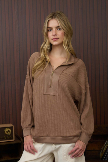 Levi Half Zip Waffle Knit Top - Mocha