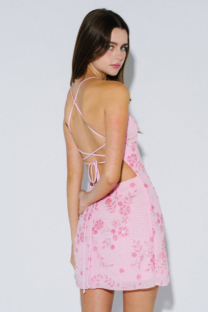 First Crush Beaded Floral Mini Dress - Pink