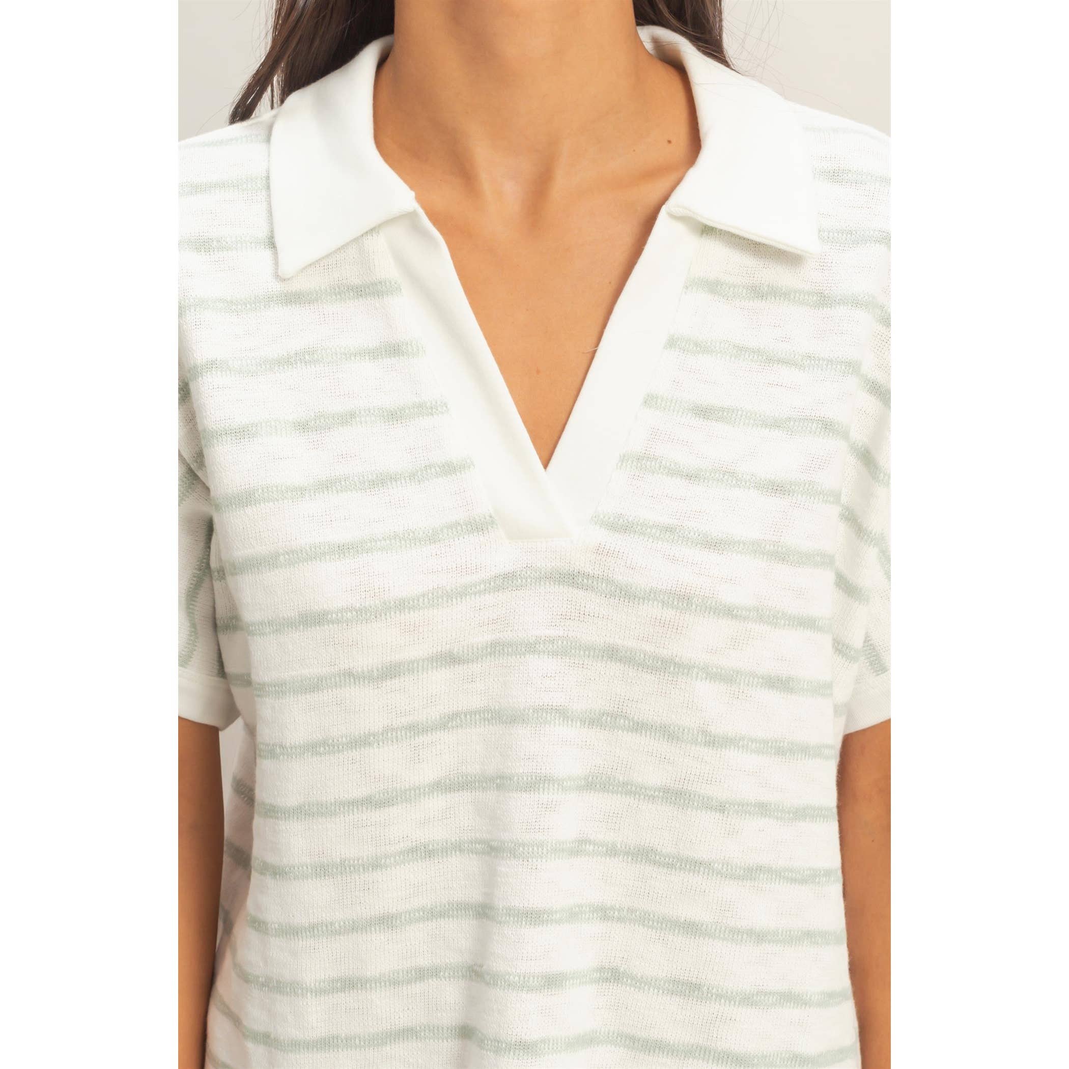 So Thoughtful Striped Dolman Sleeve V-Neck Collared Top