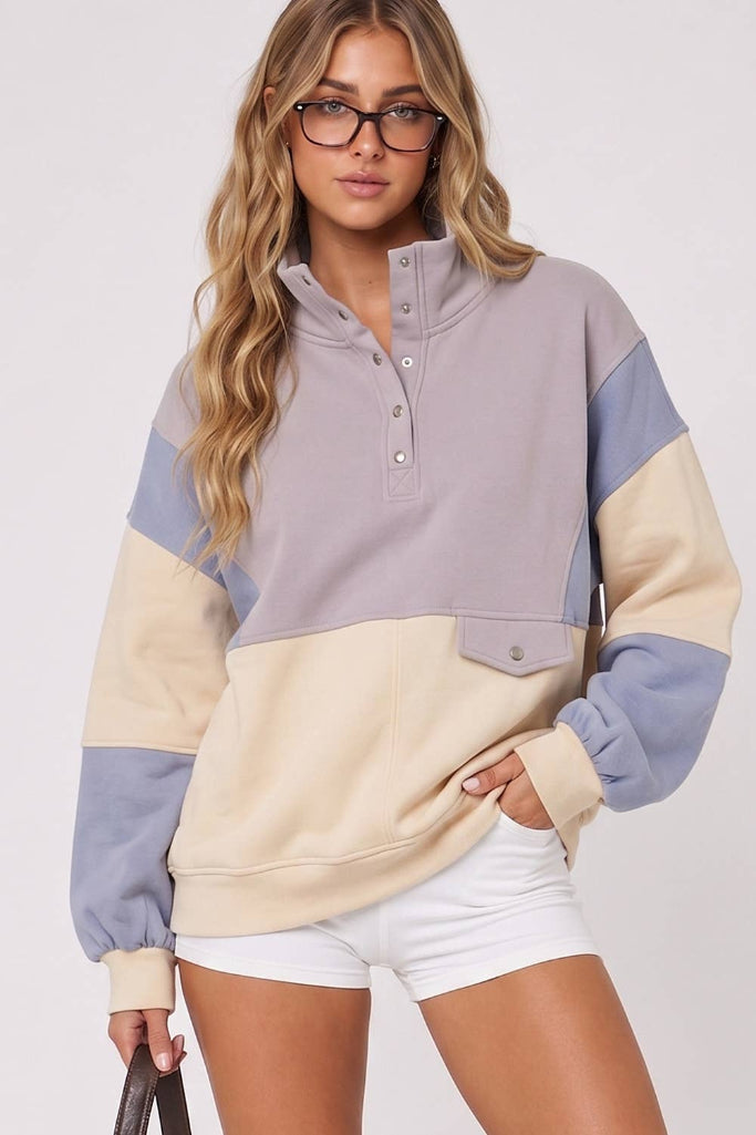 Better Bet Half Snap Sweatshirt - Beige/Lilac