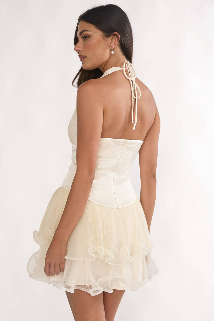 Top Tier Halter Tulle Mini Dress - Cream