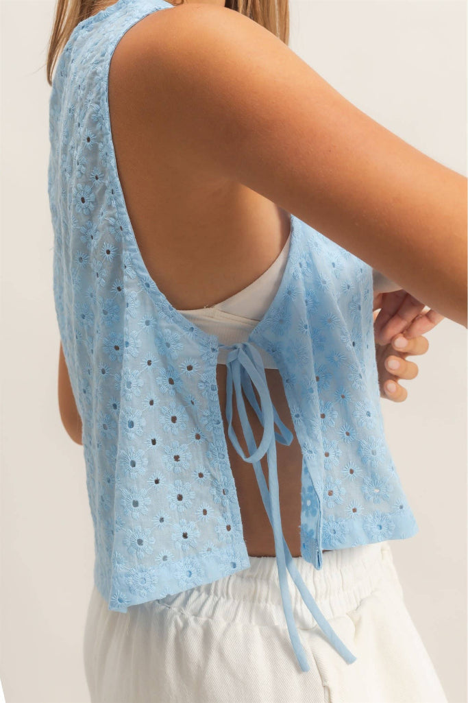 Caught Up Eyelet Top- Light Blue