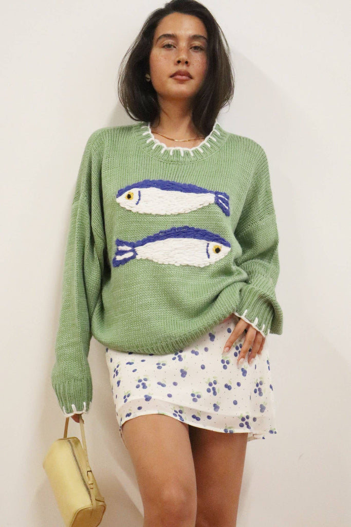 Lucky Catch Fish Embroidered Sweater - Green