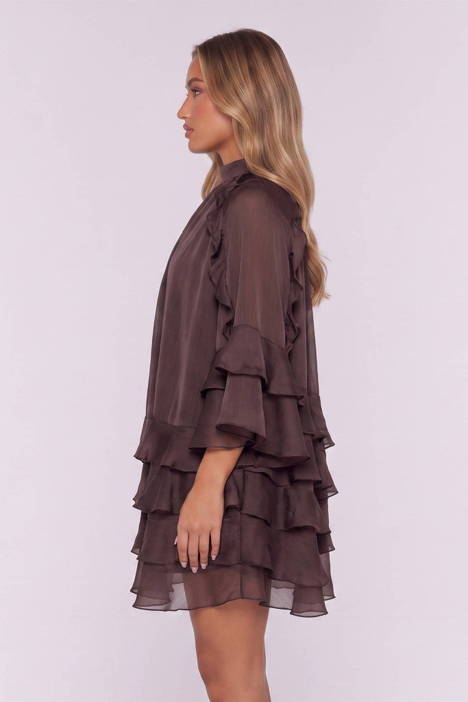 One I Chose Ruffle Chiffon Dress - Brown