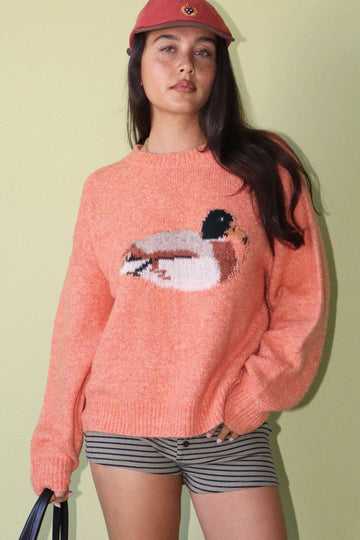 Lucky Duck Graphic Knit Sweater - Coral