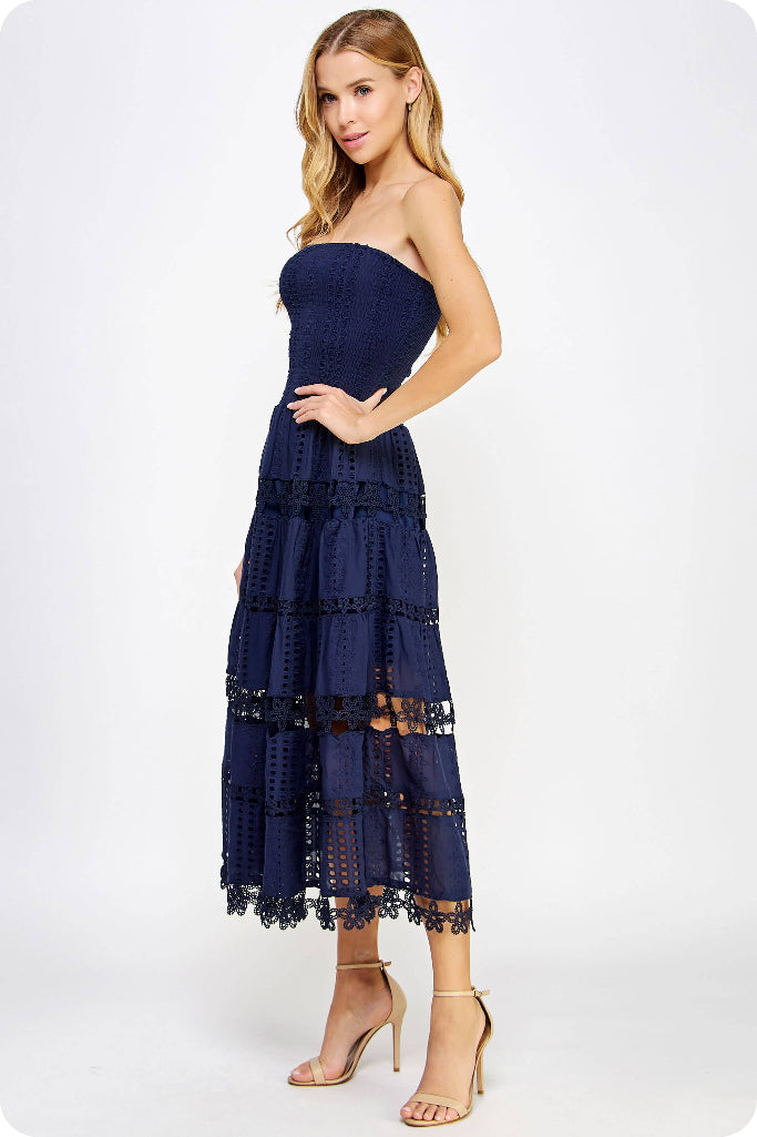 Never Ending Eyelet Lace Midi Dress - Navy